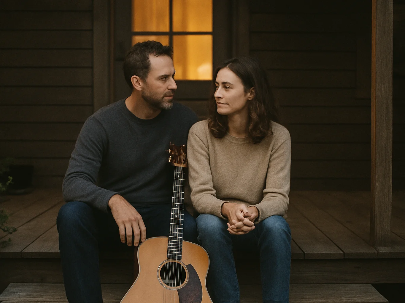 Husband and wife seated together on a wooden porch step at dusk,