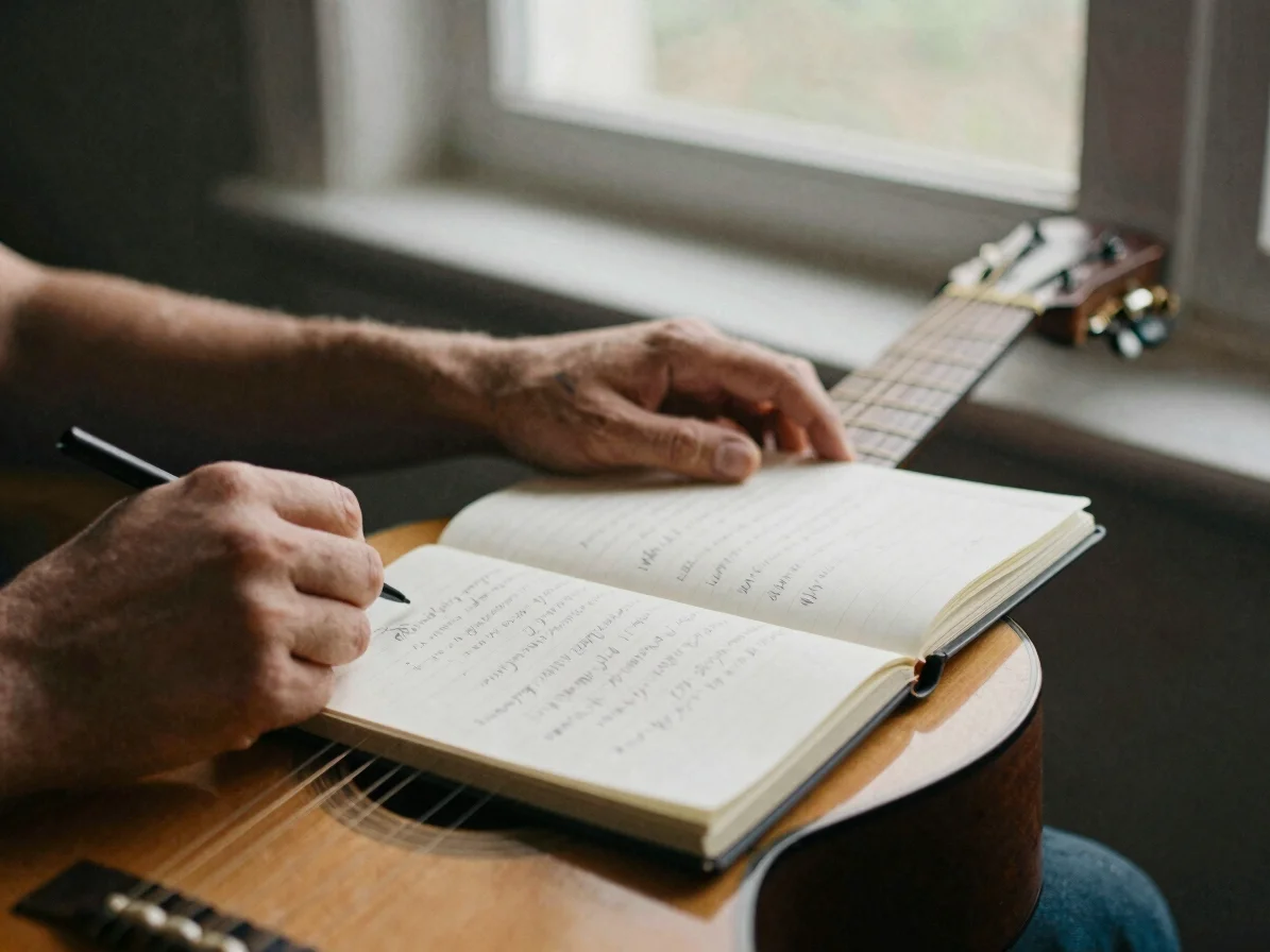 Close detail of hands resting on a notebook of handwritten lyrics
