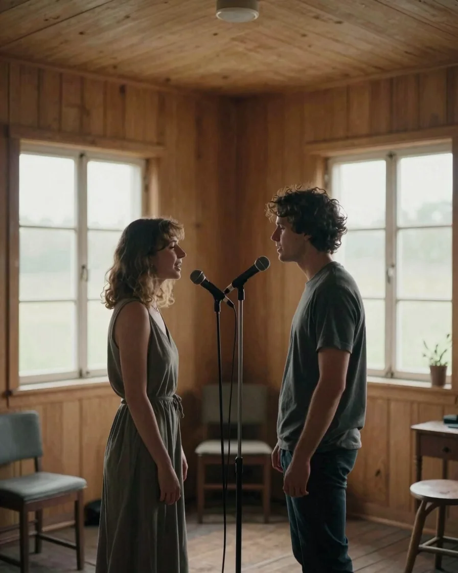 Wide environmental view of a husband and wife singing facing each other beside a single shared microphone in a small woo